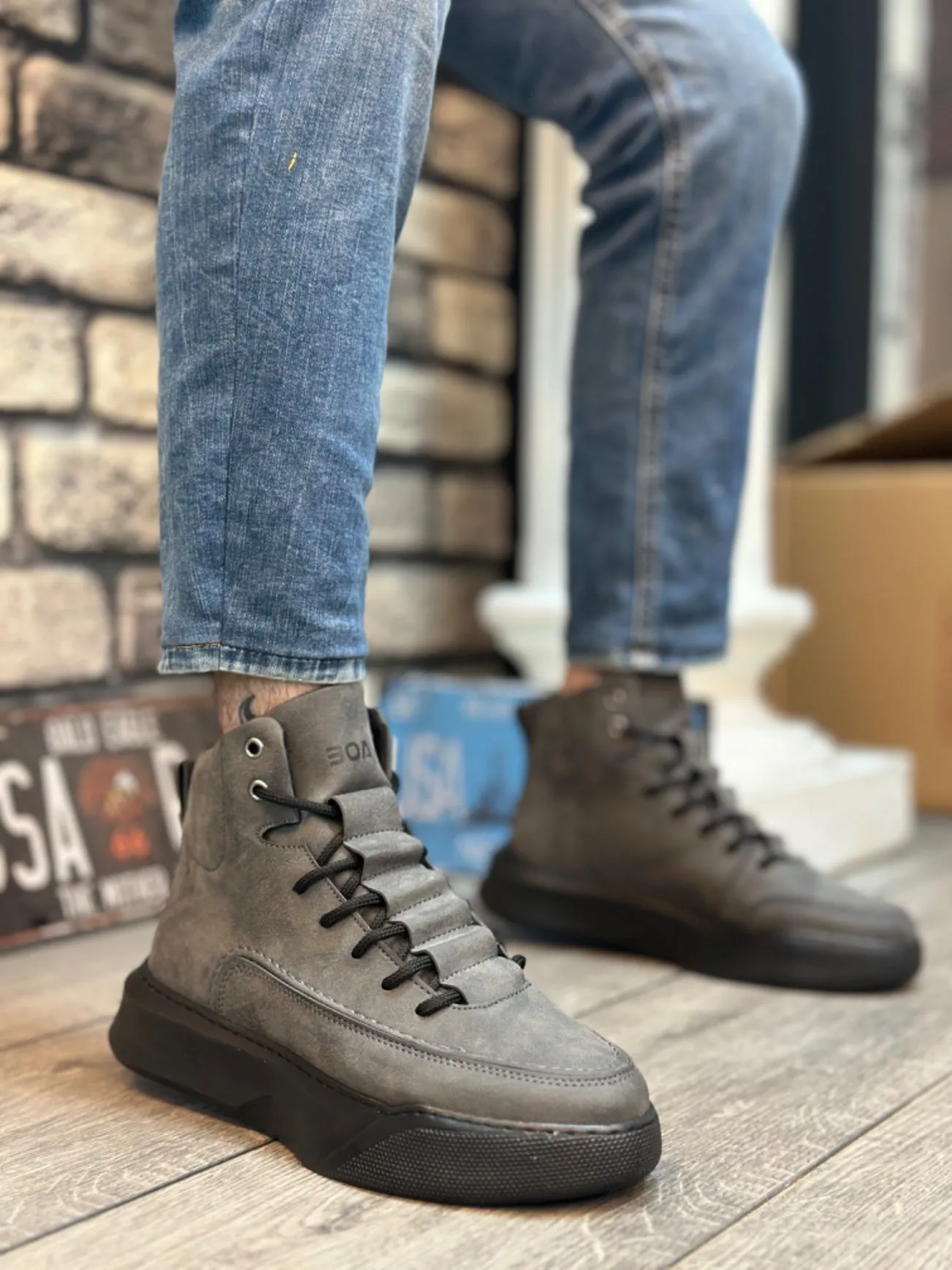 BA0321 Hidden Lace Men's High Sole Smoked Sports Boots