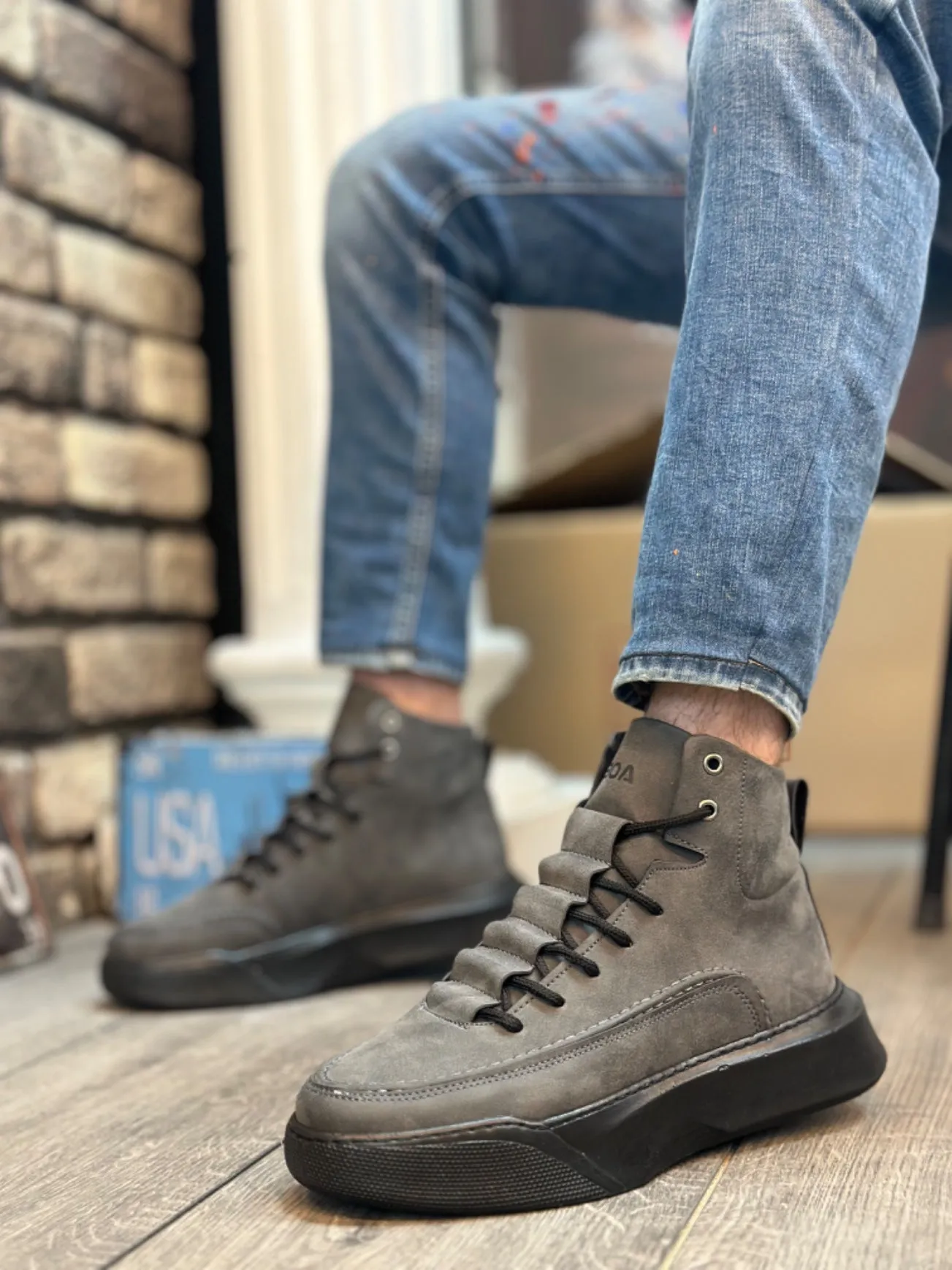 BA0321 Hidden Lace Men's High Sole Smoked Sports Boots