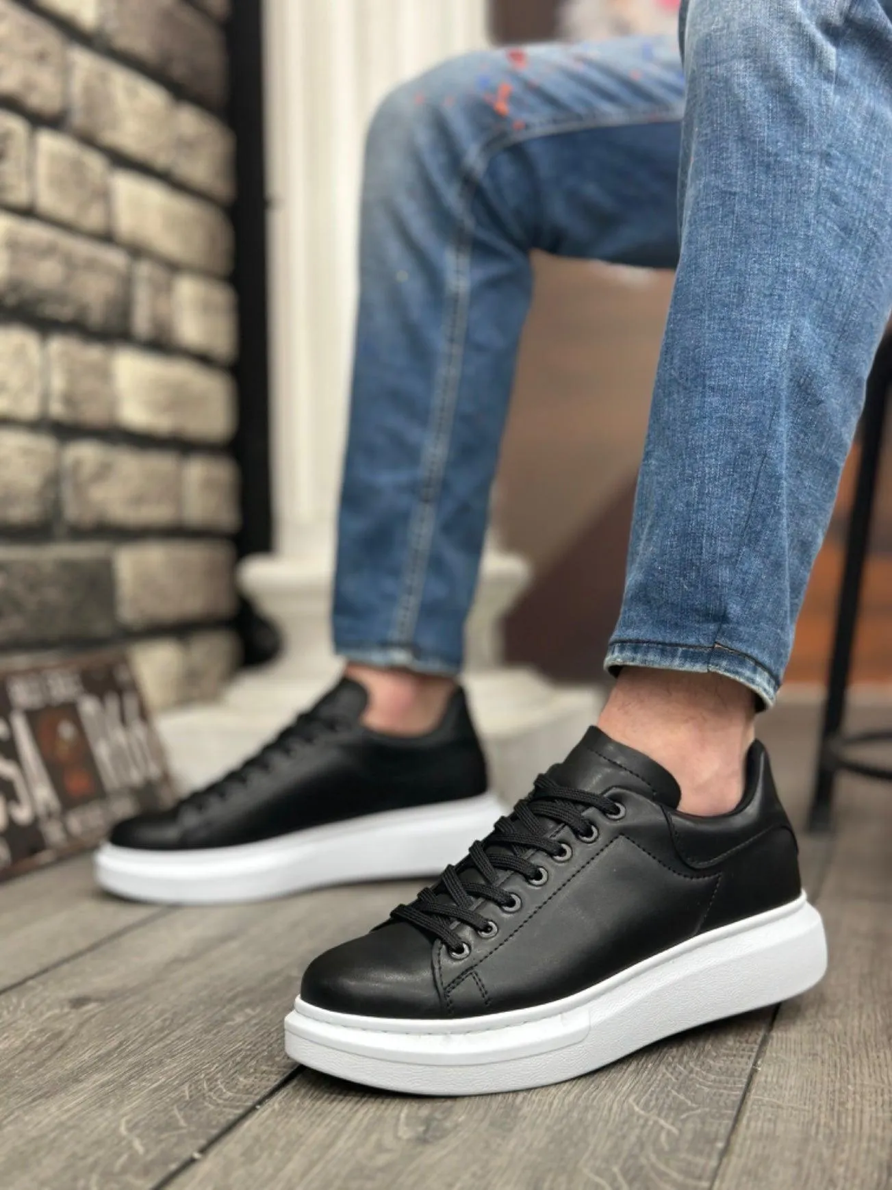 BA0547 BOA Thick High Sole Black White Lace-Up Sports Men's Shoes