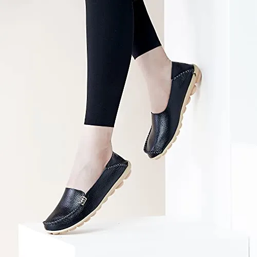 DUOYANGJIASHA Women's Comfortable Leather Loafers Casual Round Toe Moccasins Wild Driving Flats Soft Walking Shoes Women Slip On Black