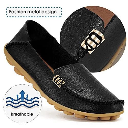 DUOYANGJIASHA Women's Comfortable Leather Loafers Casual Round Toe Moccasins Wild Driving Flats Soft Walking Shoes Women Slip On Black