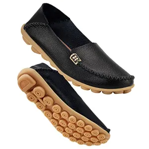 DUOYANGJIASHA Women's Comfortable Leather Loafers Casual Round Toe Moccasins Wild Driving Flats Soft Walking Shoes Women Slip On Black