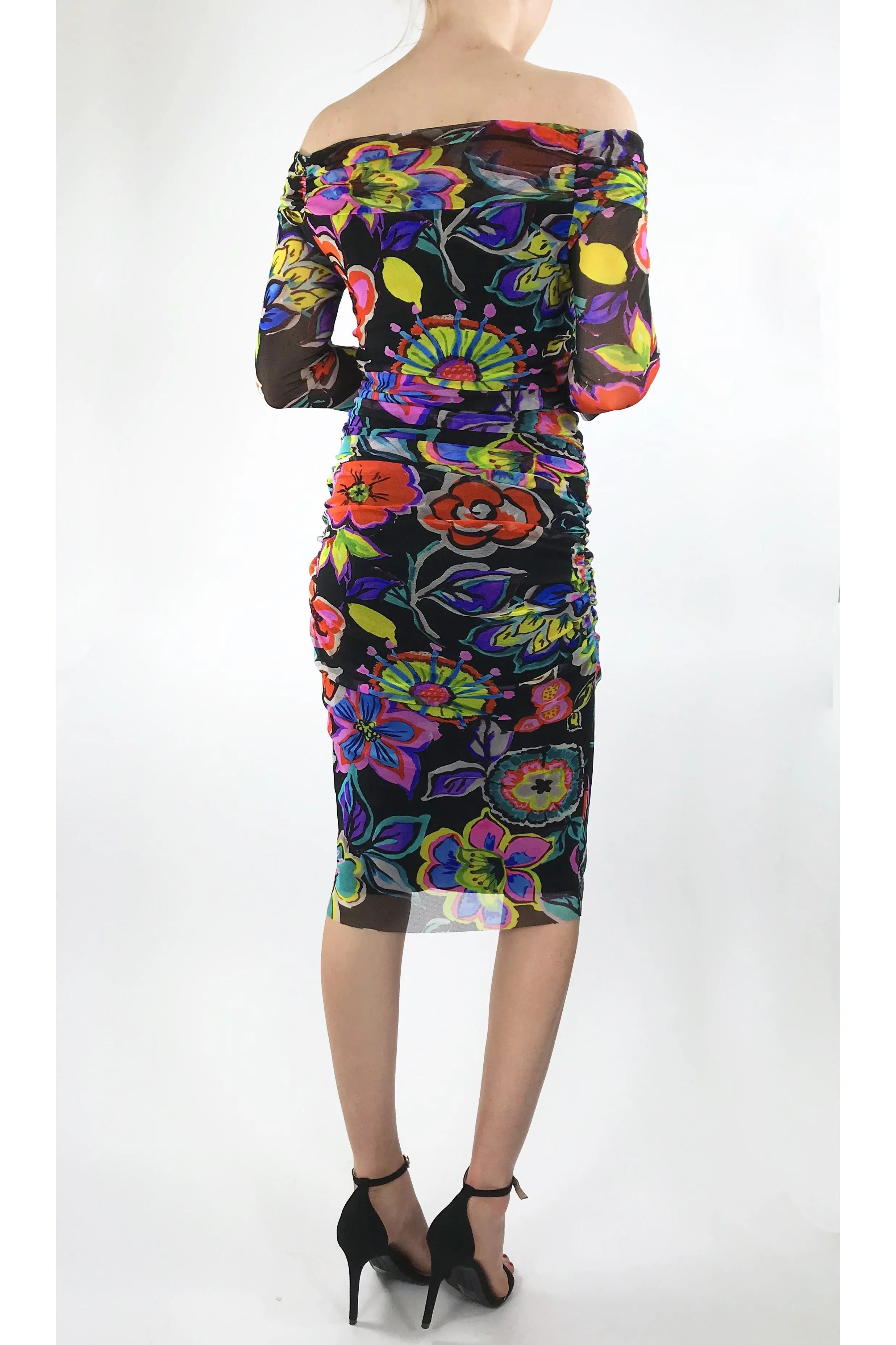 IRIS Off Shoulder Knee Length 3/4 Sleeve Print Mesh Sheath Dress