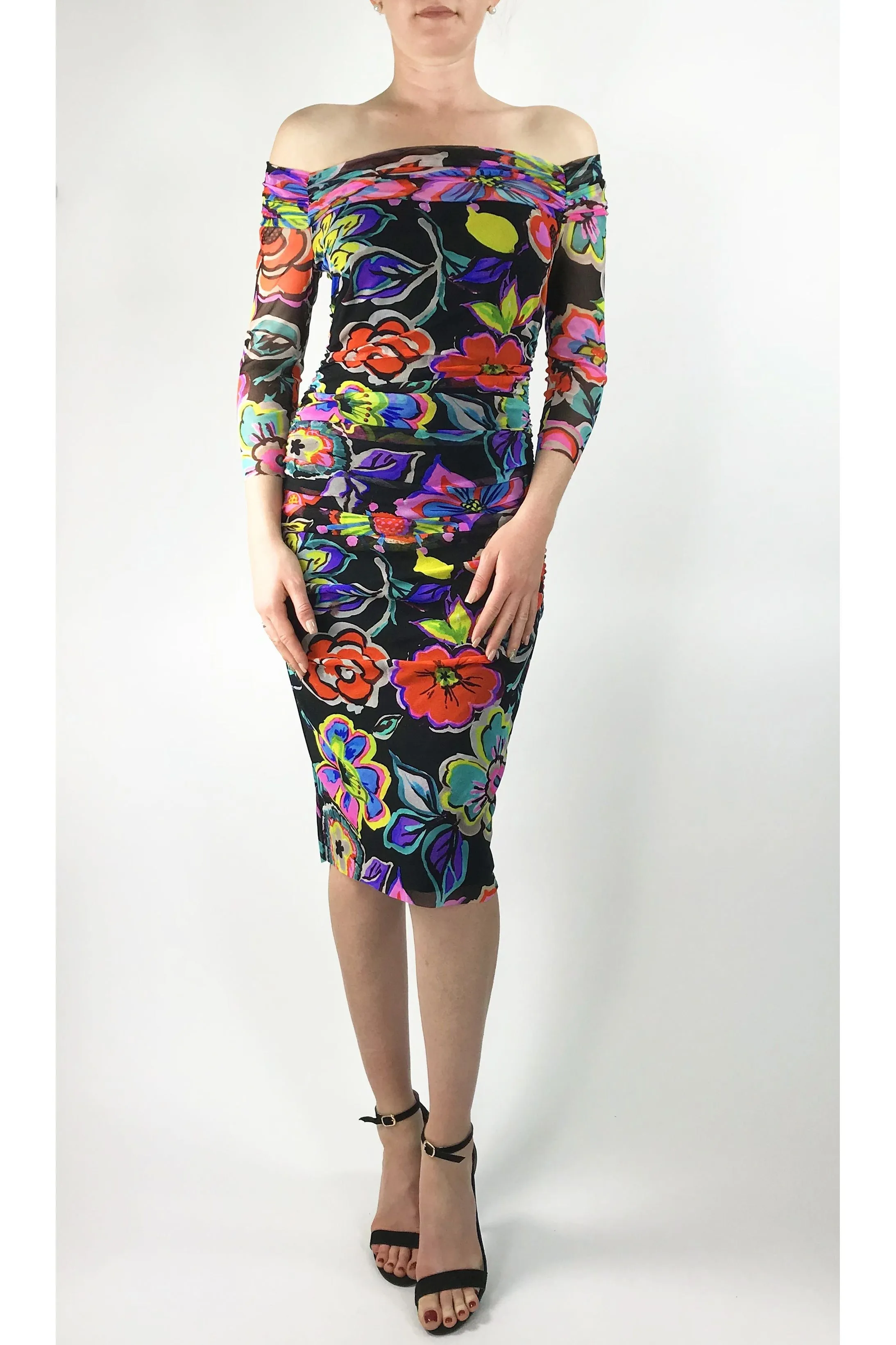 IRIS Off Shoulder Knee Length 3/4 Sleeve Print Mesh Sheath Dress