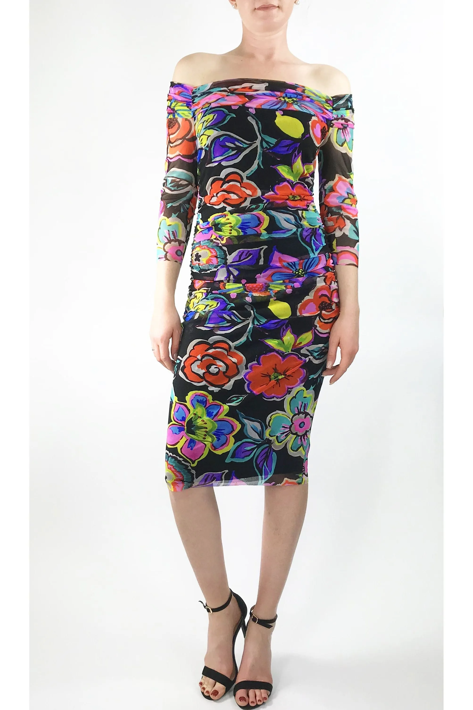 IRIS Off Shoulder Knee Length 3/4 Sleeve Print Mesh Sheath Dress