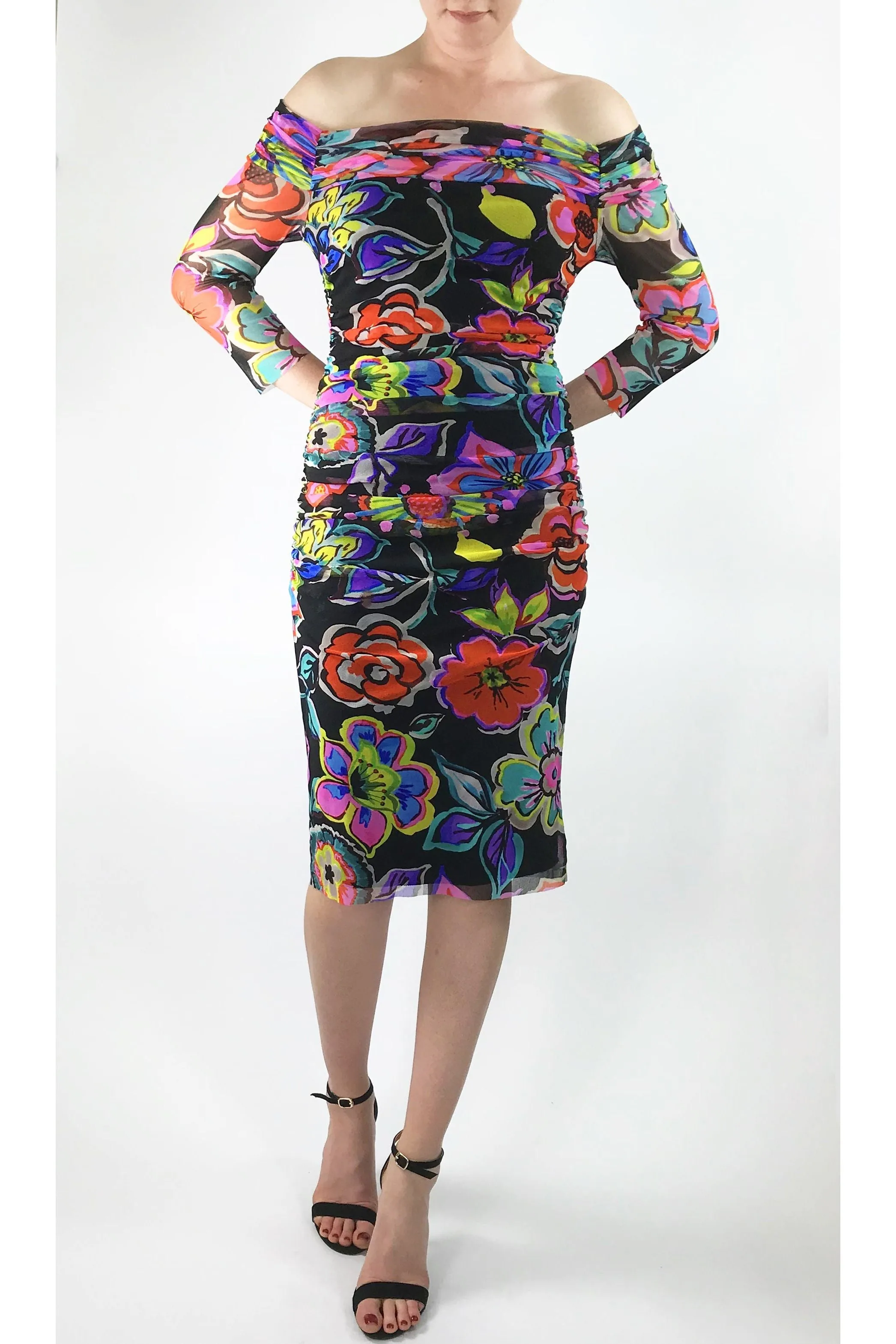 IRIS Off Shoulder Knee Length 3/4 Sleeve Print Mesh Sheath Dress