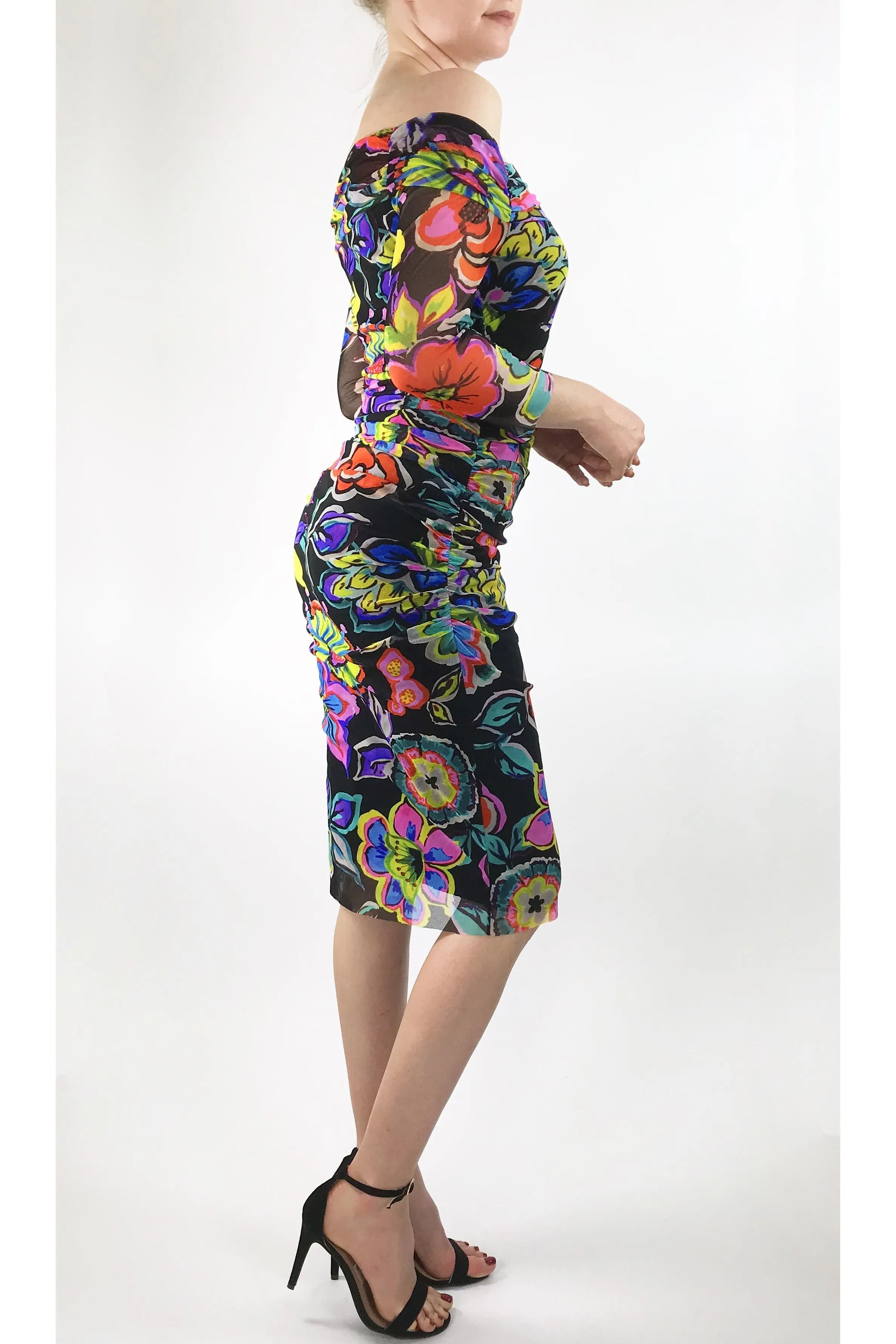 IRIS Off Shoulder Knee Length 3/4 Sleeve Print Mesh Sheath Dress