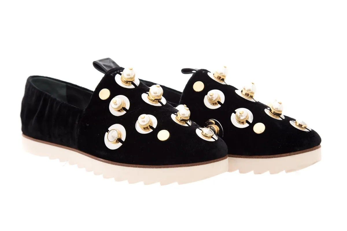 Mercedes Castillo Black Velvet & Pearl Detail Slip On Sneakers SZ 39