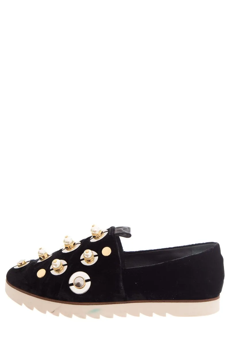 Mercedes Castillo Black Velvet & Pearl Detail Slip On Sneakers SZ 39