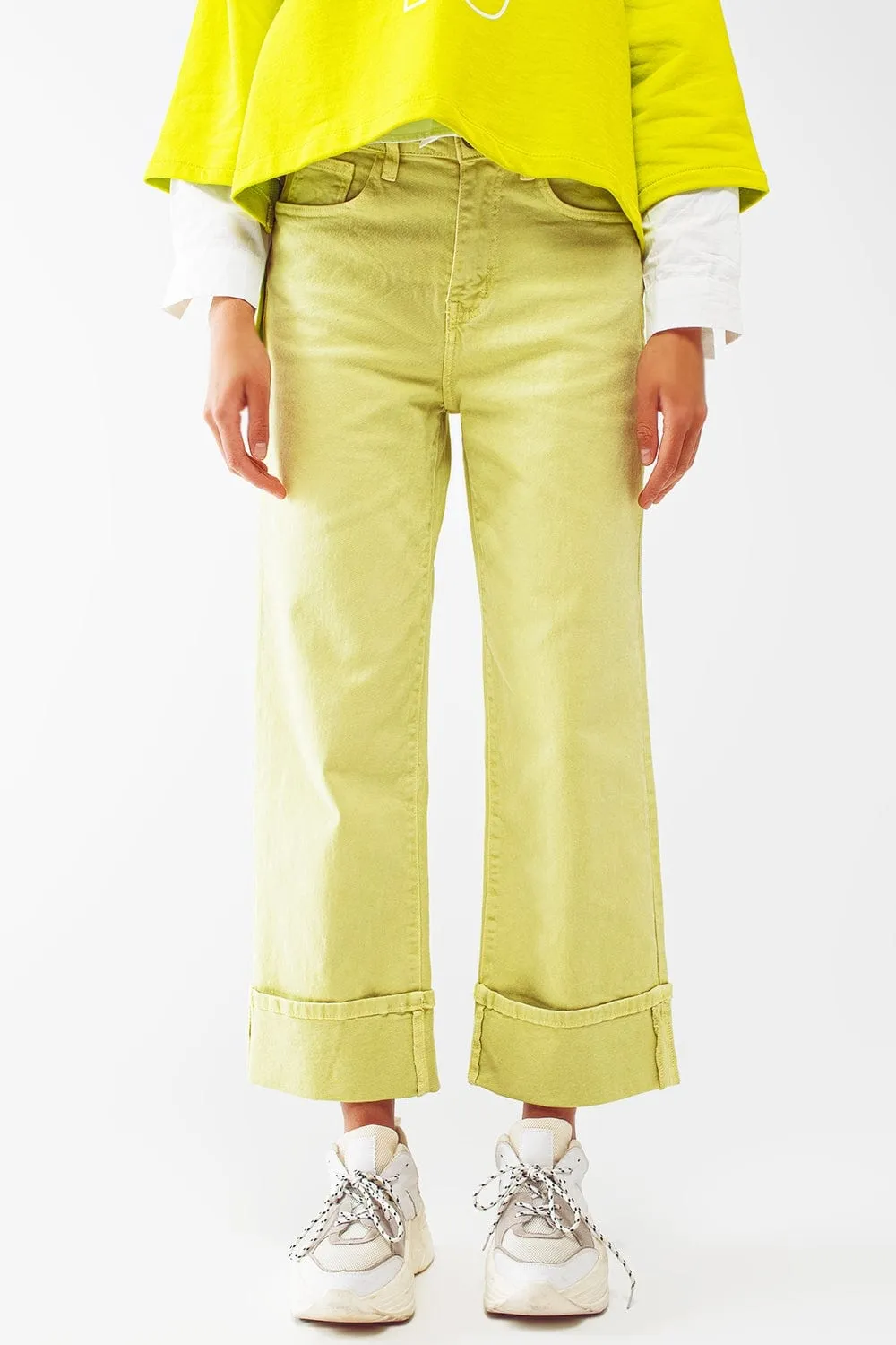 Straight Leg Jeans With Cropped Hem In Lime Green