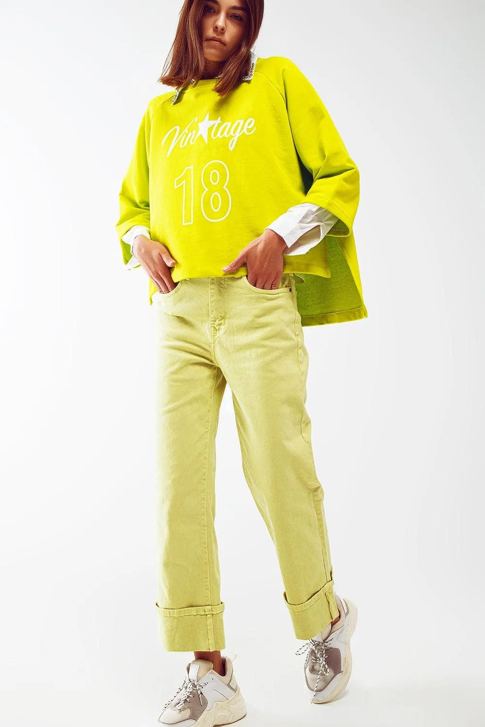 Straight Leg Jeans With Cropped Hem In Lime Green