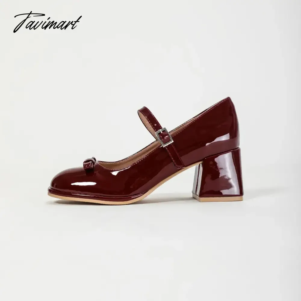 Tavimart French Fairy Bow Mary Jane Shoes New Round Toe Medium Heel High Heel Shoes Female Design Sense Small and Elegant