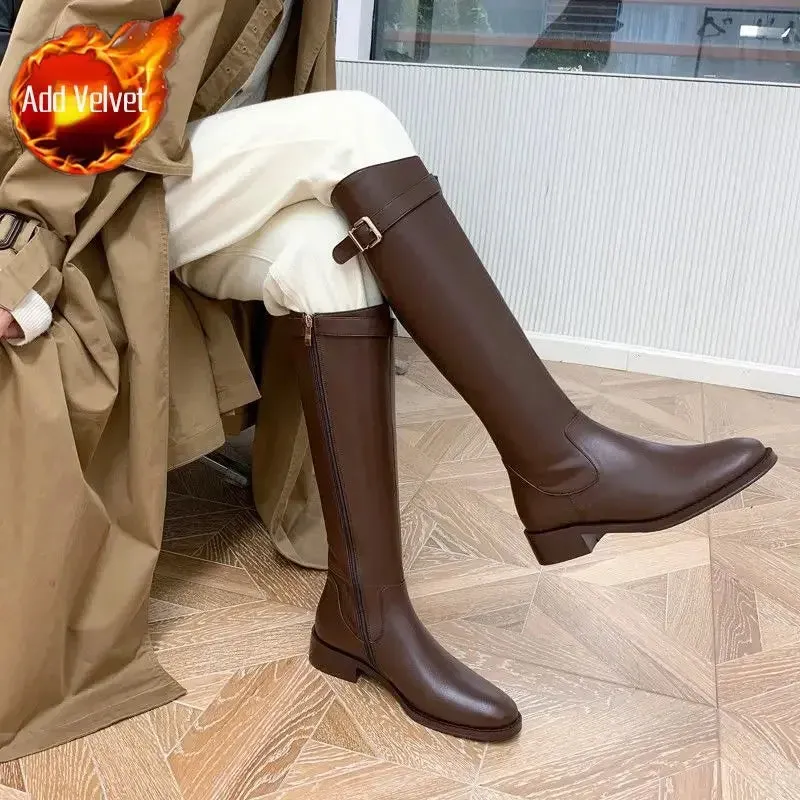 TAVIMART  -  Shoes for Woman Winter Knee High Shaft Footwear Leather Women's Boots Pointed Toe Long Brown Comfortable and Elegant Hot Quality