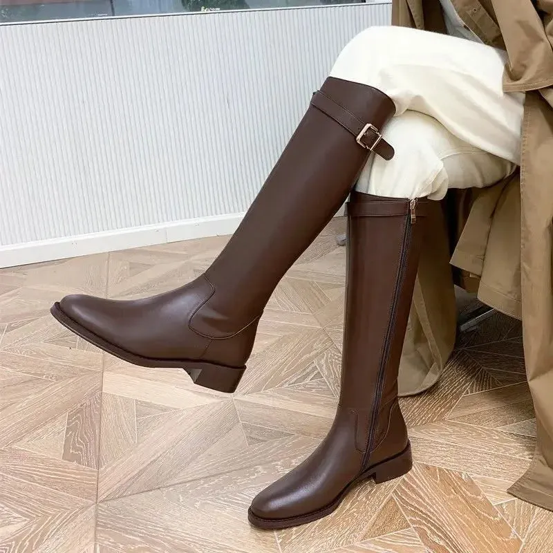 TAVIMART  -  Shoes for Woman Winter Knee High Shaft Footwear Leather Women's Boots Pointed Toe Long Brown Comfortable and Elegant Hot Quality