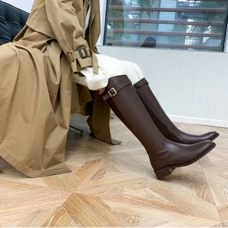 TAVIMART  -  Shoes for Woman Winter Knee High Shaft Footwear Leather Women's Boots Pointed Toe Long Brown Comfortable and Elegant Hot Quality